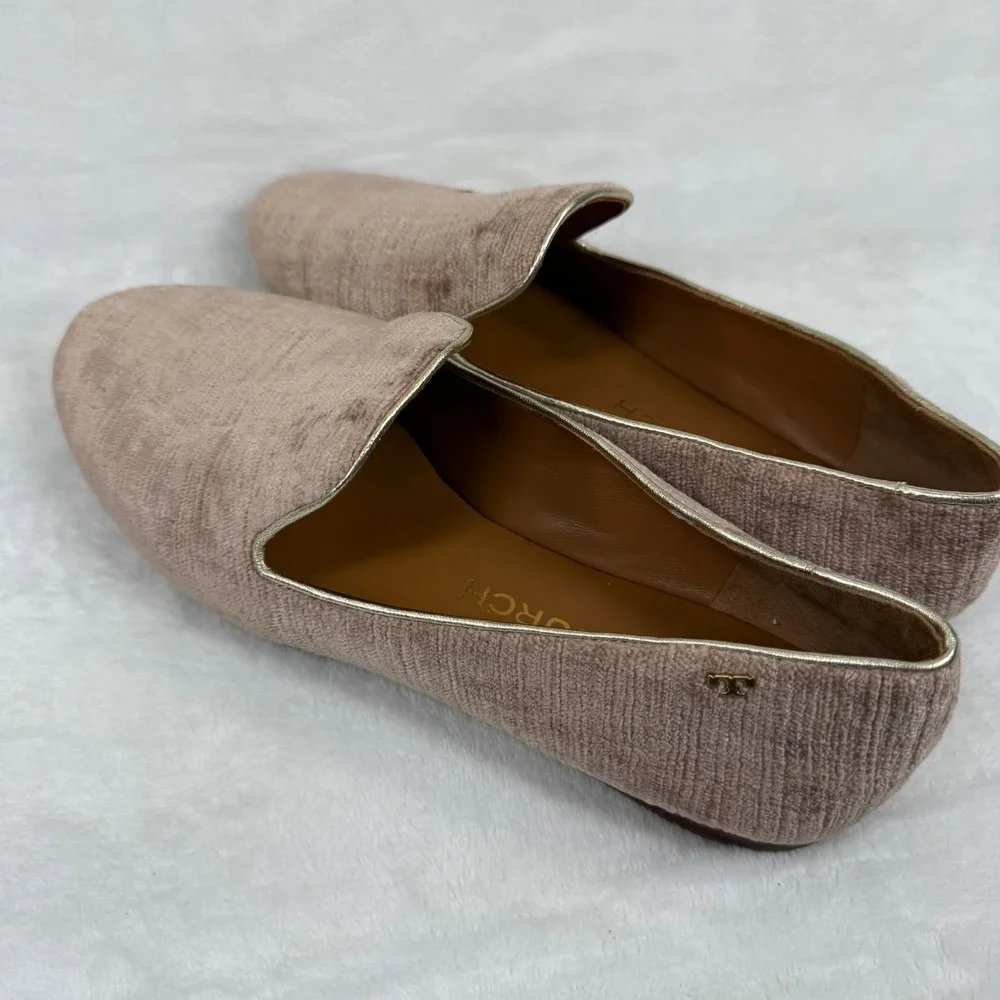Tory Burch Dusty Rose Velvet Ribbed Smoking Slipper Loafers‎ Gold Trim Flats 9.5